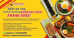 Wang House Korean Street Food Franchise Opportunity poster showing cafe interiors, Korean food dishes like ramen and gimbap, and key highlights such as low investment, high return, fast-growing brand, and pan-India franchise support.
